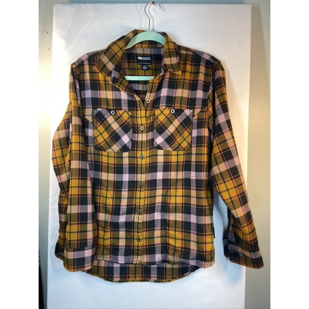 OUTDOOR RESEARCH WOMENS XSMALL BROWN PLAID FLANNEL BUTTON UP SHIRT SIDE POCKETS